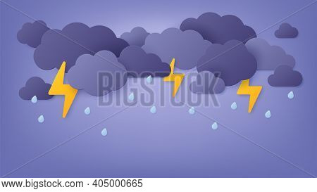 Paper Cut Rain. Rainy Sky With Cloud And Thunderstorm. Origami Spring Storm With Lightning And Thund