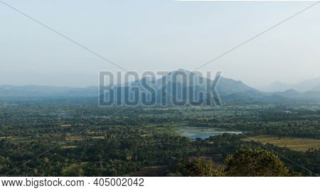 Aerial Panoramic From Lion Rock At Sigiriya, In Sri Lanka. Green Landscape With Forest, Hills And A 