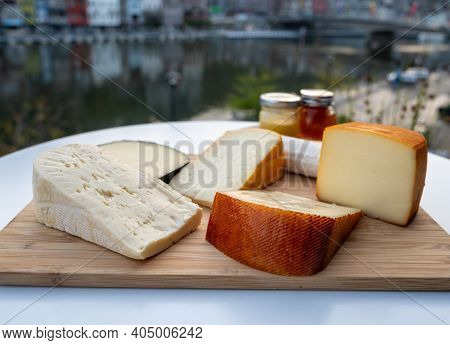 Cheese Collection, Tasty Belgian Abbey Cheeses Made With Brown Trappist Beer And Fine Herbs And View