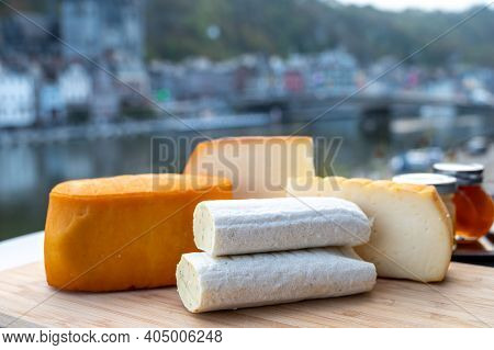 Cheese Collection, Tasty Belgian Abbey Cheeses Made With Brown Trappist Beer And Fine Herbs And View