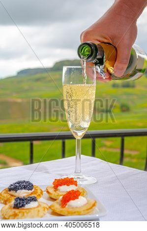 Tasting Of French Sparkling White Wine With Bubbles Champagne On Outdoor Terrace With View On Green 