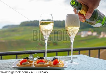 Tasting Of French Sparkling White Wine With Bubbles Champagne On Outdoor Terrace With View On Green 