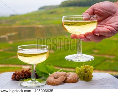 Tasting Of French Sparkling White Wine With Bubbles Champagne On Outdoor Terrace With View On Green 
