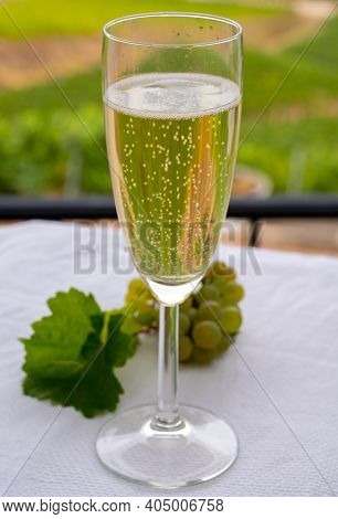 Tasting Of French Sparkling White Wine With Bubbles Champagne On Outdoor Terrace With View On Green 