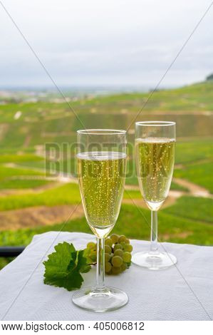 Tasting Of French Sparkling White Wine With Bubbles Champagne On Outdoor Terrace With View On Green 