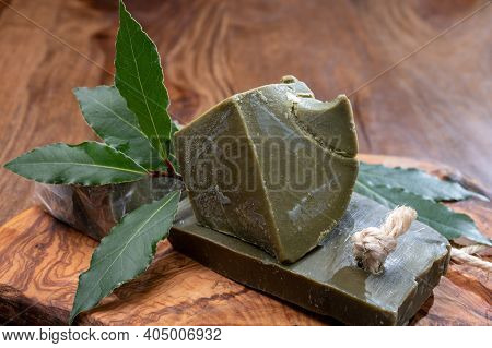 Green Blocks Of Handmade Bio Vegetal Laurel Bay Leaf Soap From Provence, France