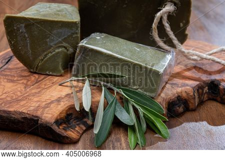 Green Blocks Of Handmade Bio Vegetal Natural Olives And Bay Leaf Soap From Provence, France
