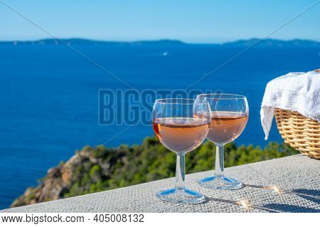 Picnic With Of Local Rose Wine And Blue Mediterranean Sea On Background, Near Saint-tropez, Var, Pro