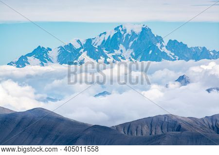View On Mountain Mont Blanc From Glacier Near Ski Station Les Deux Alpes, Franch Alps In Summertime,