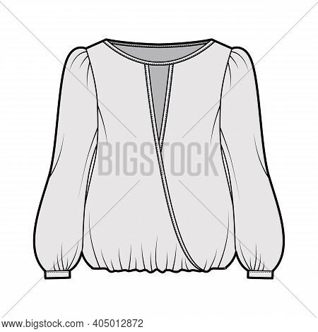 Surplice Blouse Technical Fashion Illustration With Bouffant Long Sleeves, Gathered Hem, Wide Wrap S