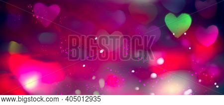 Valentine's Day Background. Holiday Blinking Abstract Valentine Backdrop with Glowing colourful Hearts. Heart Shape Bokeh. Love concept. Colorful Art design. 