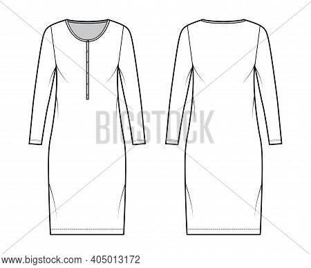 Shirt Dress Technical Fashion Illustration With Henley Neck, Long Sleeves, Knee Length, Oversized, P