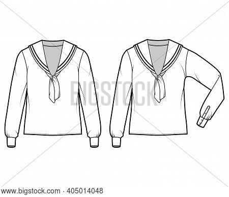 Set Of Shirts Middy Sailor Suit Technical Fashion Illustration With Bow, Long Sleeves With Cuff, Tun