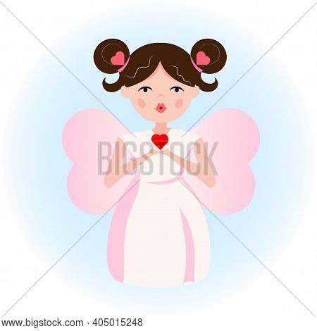 The Girl Sends Kisses Of Love And Holds A Heart In Her Hands. Cute Vector Illustration In Flat Style