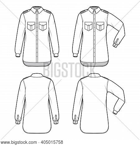 Set Of Shirts Pilot Airline Technical Fashion Illustration With Chevron, Elbow Folded Long Sleeves, 