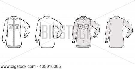 Shirt Pilot Airline Technical Fashion Illustration With Chevron, Elbow Folded Long Sleeves, Angled F