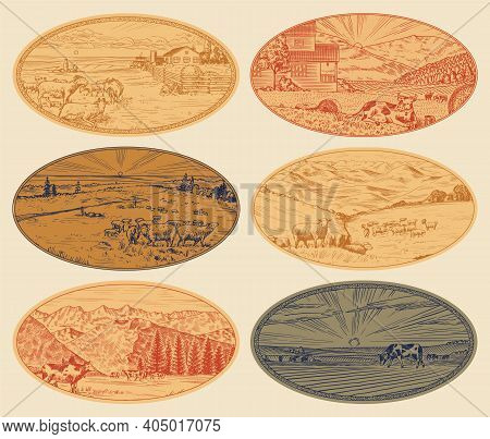Rural Meadow Set. A Village Landscape With Cows, Goats And Lamb, Hills And A Farm. Sunny Scenic Coun