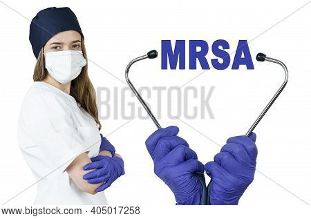 Health Care And Medicine Concept. The Doctor Is Holding A Stethoscope, In The Middle There Is A Text