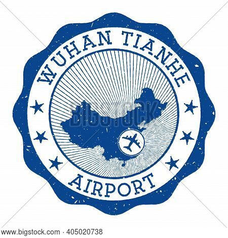 Wuhan Tianhe Airport Stamp. Airport Of Wuhan Round Logo With Location On China Map Marked By Airplan