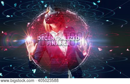 Defi -decentralized Finance On Dark Blue Abstract Polygonal Background. Concept Of Blockchain, Decen