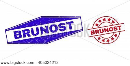 Brunost Stamps. Red Circle And Blue Flattened Hexagon Brunost Rubber Imprints. Flat Vector Textured 