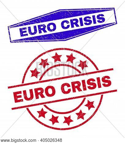 Euro Crisis Stamps. Red Round And Blue Squeezed Hexagon Euro Crisis Rubber Imprints. Flat Vector Dis
