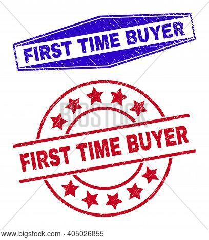 First Time Buyer Badges. Red Rounded And Blue Flattened Hexagon First Time Buyer Rubber Imprints.