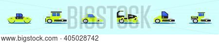 Set Of Steam Roller Cartoon Icon Design Template With Various Models. Modern Vector Illustration Iso