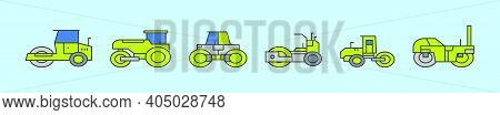 Set Of Steam Roller Cartoon Icon Design Template With Various Models. Modern Vector Illustration Iso