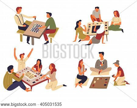 Domino And Chess Table Games Play Cards And Jenga Vector Isolated Characters Teams