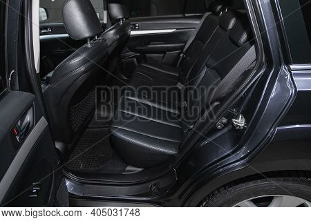 Novosibirsk, Russia - January 14 2021:  Subaru Outback, Comfort Car Inside. Clean Car Interior: Blac