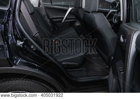 Novosibirsk, Russia - January 14 2021:  Toyota Rav-4, New Car Inside. Clean Car Interior. Black Back