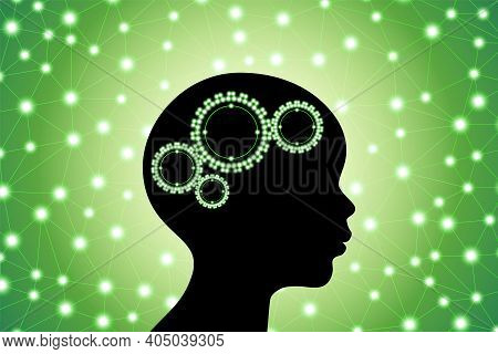 3d Digital Green Glowing Particles Line And Dot Polygonal Plexus Children's Brain With Cogwheel Gear