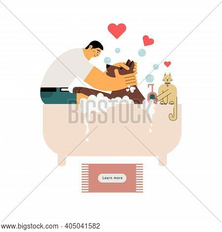 In The Tub Sits A Guy Dogsitter And Shampoos The Dog, Next To A Cute Cat.