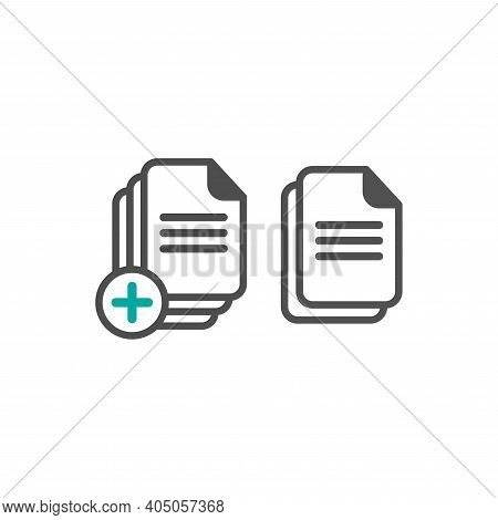 Set Of Document Icons. Black Rounded Document Sheet With Plus Sign. Flat Icon Isolated On White. Upl