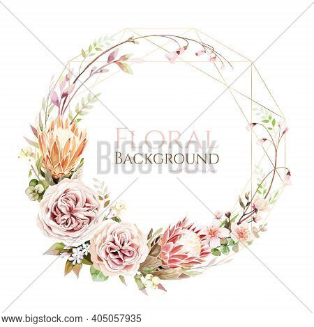 Juliet Rose And Protea Flower With Cherry Blossom Wreath On White Background.