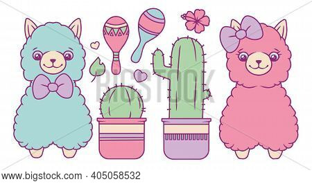 Lama Or Alpaca Vector Collection Set With Different Fluffy Pastel Colored Blue And Pink Cute Animals