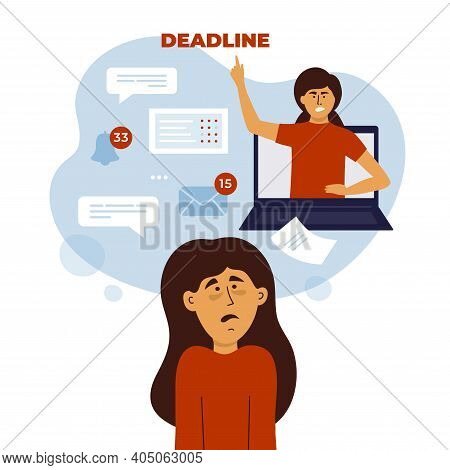 Job Task Stress, Work Anxiety, Home Office Difficulties. Tired, Scared And Confused Woman Looks To A