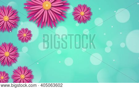 Spring Background With Paper Flowers On A Blue Background And Bokeh Effect. Vector Illustration With