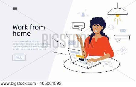 Work From Home Concept. Young Woman Sitting At Table Working By Laptop. Business Process Vector Illu