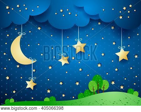 Countryside, Fantasy Landscape By Night. Vector Illustration Eps10