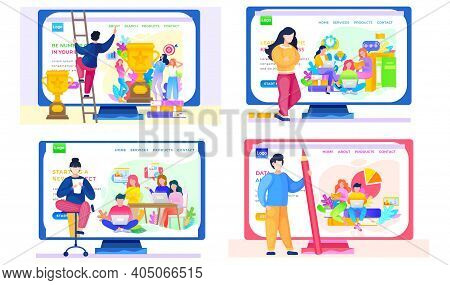 A Set Of Illustrations On The App For Running And Planning A Business. Online Store Landing Page Tem