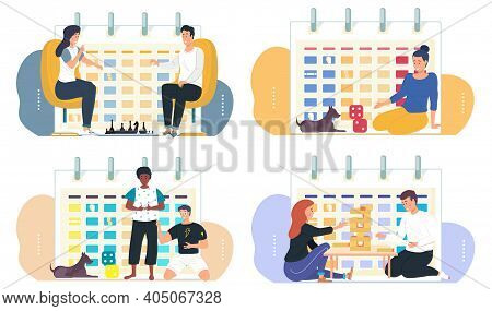Set Of Illustrations On The Theme Of Playing Board Game. Timetable Or A Calendar On The Background. 