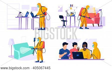 Set Of Illustrations On The Topic Of Disinfection Of Premises. Man In Chemical Protection Suit Clean