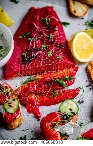 Beetroot And Dill Salmon Gravlax.style Hugge.selective Focus