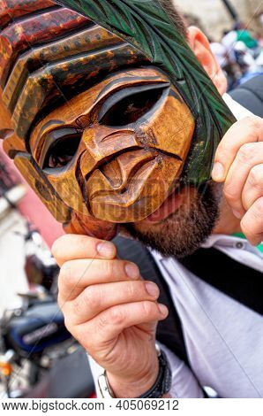 Wearing Mayan Traditional Mask - Colorful Traditional Symbols And Accessories In Local Market In Ant