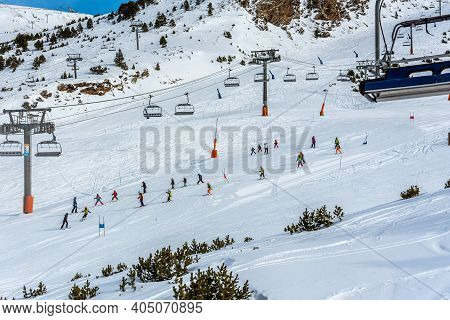 Grandvalira, Andorra: 2021 January 17: School Ski Class At The Grandvalira Ski Station In Andorra In