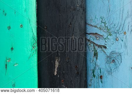 Three Multicolored Blue Black Turquoise Old Woods With Scratches And Nails