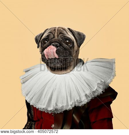 Tasty. Model Like Medieval Royalty Person In Vintage Clothing Headed By Dog Head On Yellow Peach Bac