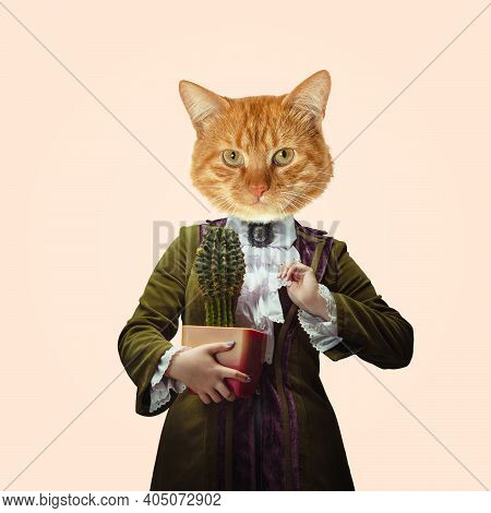 Plants. Model Like Medieval Royalty Person In Vintage Clothing Headed By Cat Head On Light Orange Ba